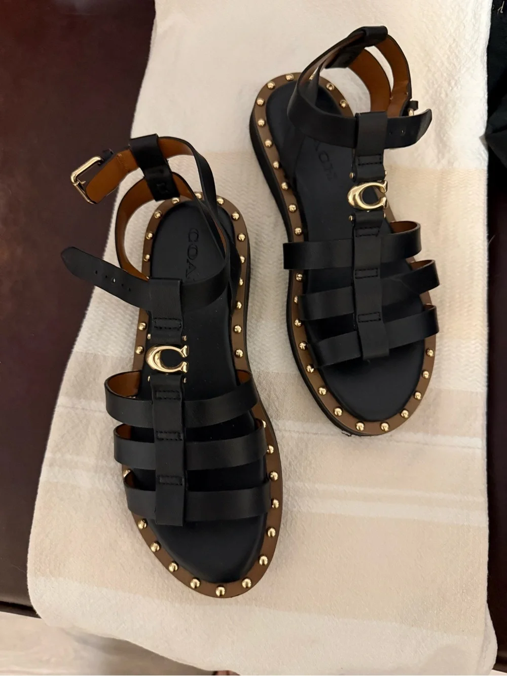 Coach Black and Gold Studded Leather Sandals